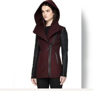 Mackage Odilia wool and leather coat in burgundy bordeaux XS